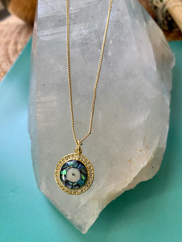 Gold plated evil eye abalone mosaic  necklace