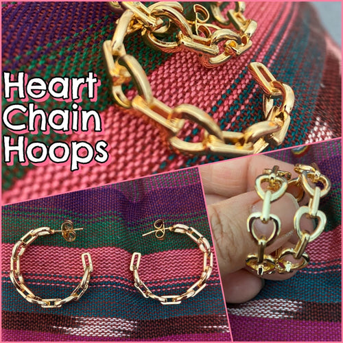 Heart Chain Hoops Gold Plated Earrings