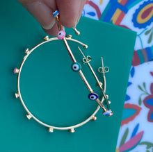 Load image into Gallery viewer, Rainbow evil eye Gold Plated slim hoops